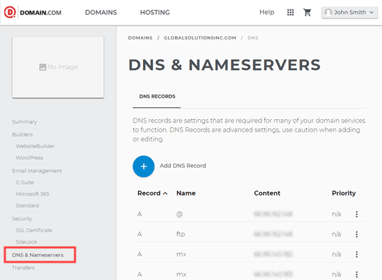 Visualizando os detalhes de DNS para seu domínio Domain.com