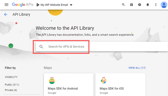 A barra de pesquisa da biblioteca API