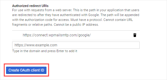 Clique no botão Criar ID de cliente OAuth