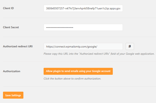 Clique no botão para autorizar WP Mail SMTP a enviar e-mails usando sua conta do Gmail