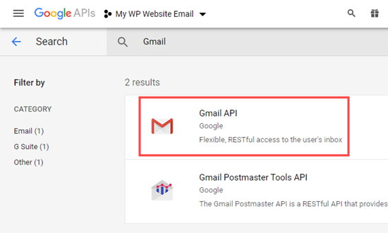 Selecionando a API do Gmail