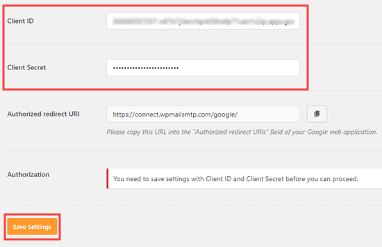 Inserindo seu ID de cliente e segredo do cliente nas configurações de SMTP do WP Mail