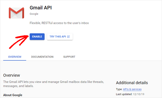 Clicar no botão Ativar para a API do Gmail