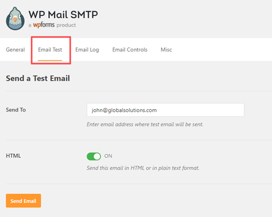 Enviando um teste de e-mail do WP Mail SMTP para verificar se tudo está configurado corretamente