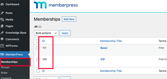 Encontrar um ID de plano de associação em MemberPress