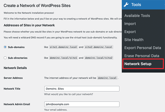 Configuração de rede para WordPress multisite