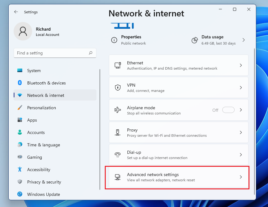 Windows 11 Rede e internet Configurações de rede avançadas