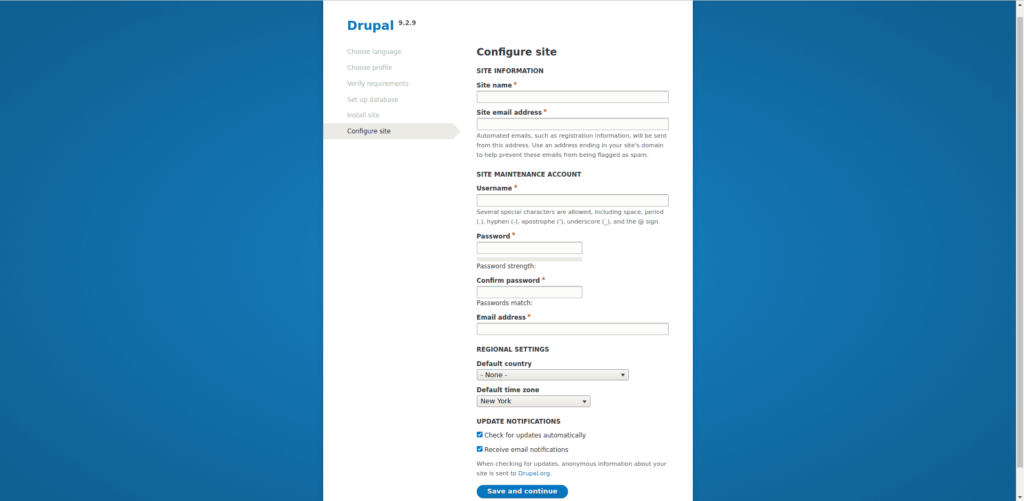 Configure seu site Drupal
