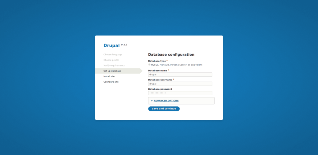 configuração do banco de dados para Drupal