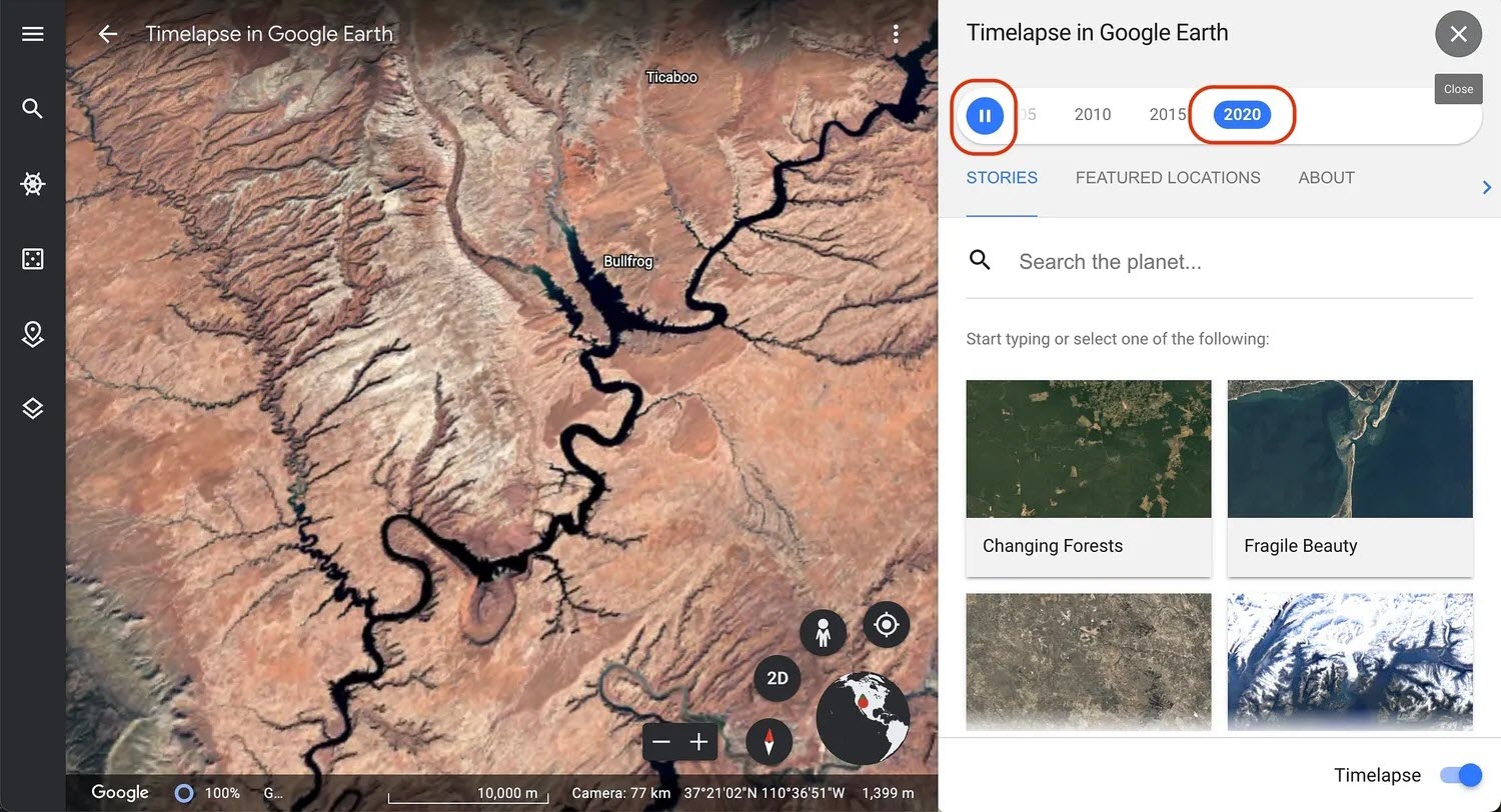 seletor de ano em timelapse Google Earth