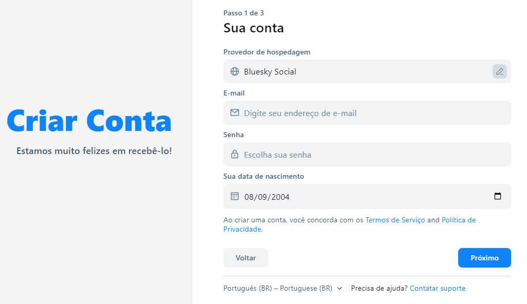 Criar conta no Bluesky social